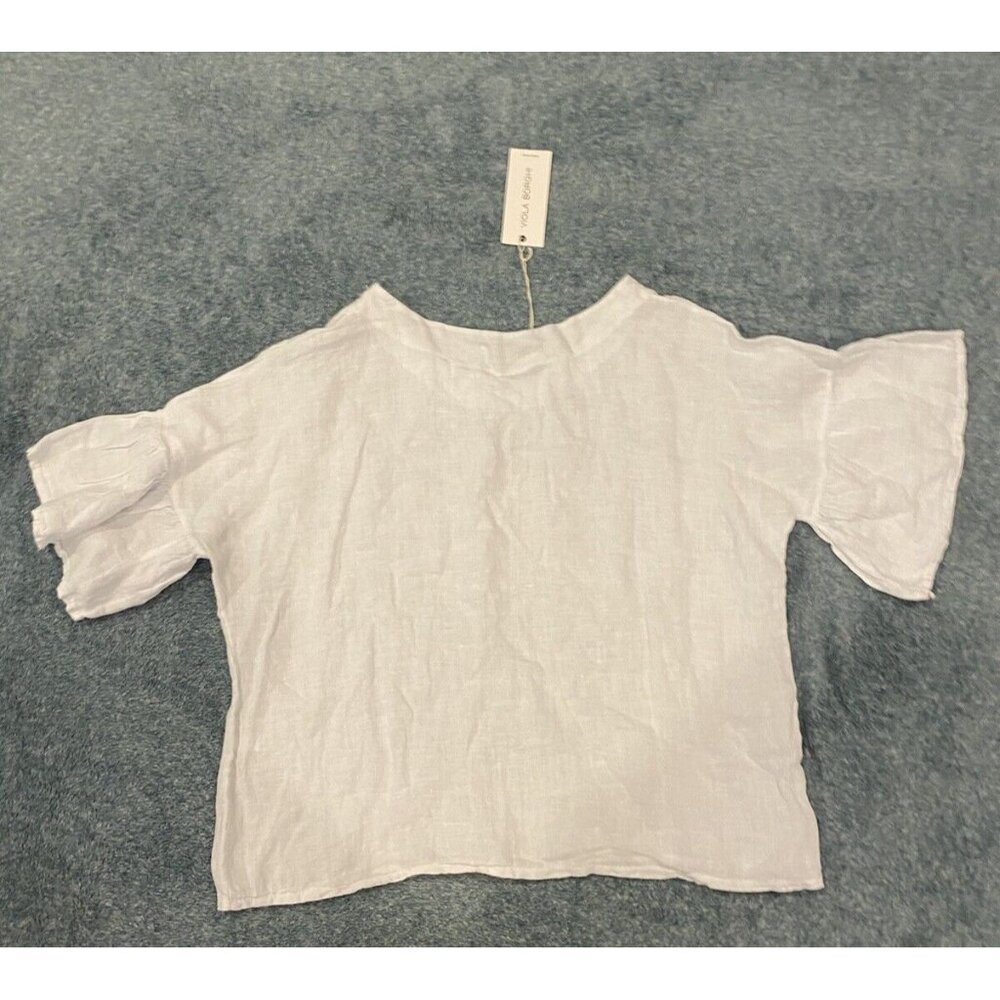 Viola Borghi L Cropped Top White 100% Linen From Italy Short Ruffle  Sleeves NEW - Picture 7 of 9